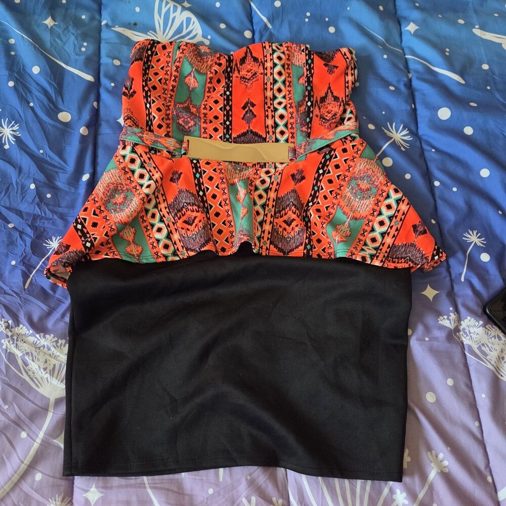 Urban Rose Made in USA Strapless Peplum Dress Aztec Tribal Print Tube Mini